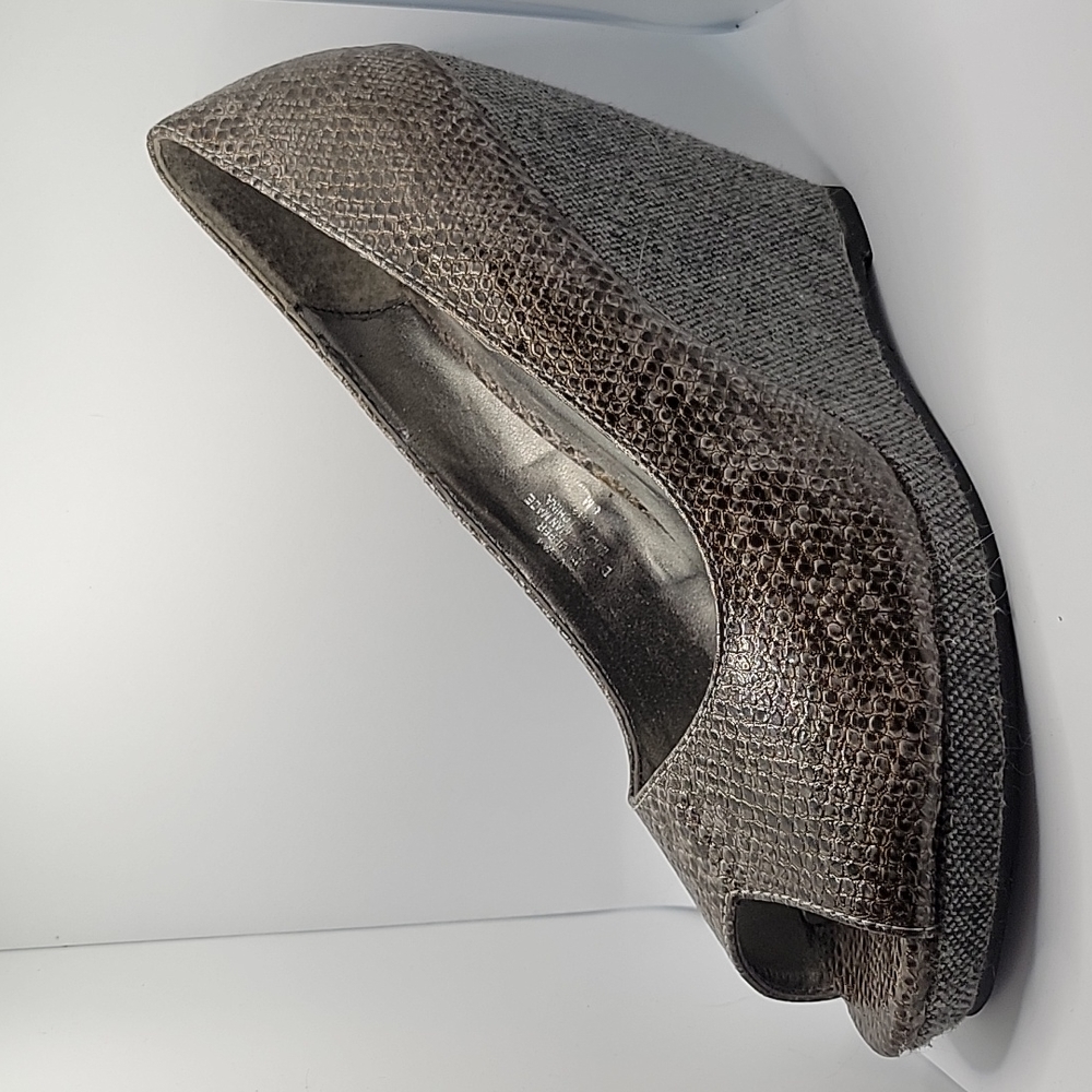 Grey snake skin open toe wedge shoes
